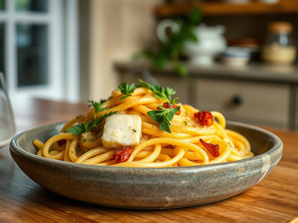 Pasta com molho de queijo de cabra