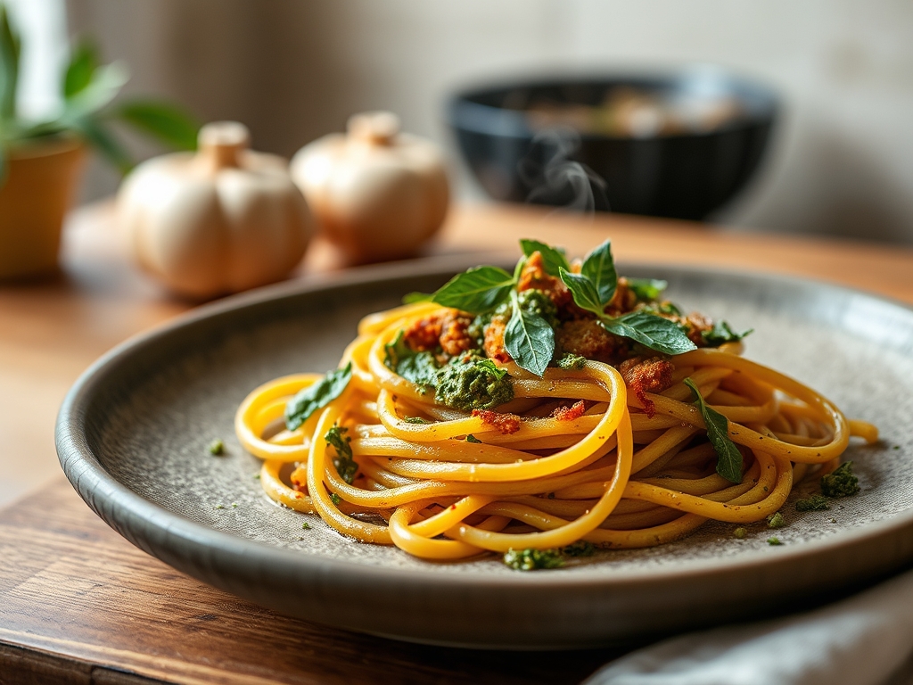 Pasta com pesto de ervas de ribeira