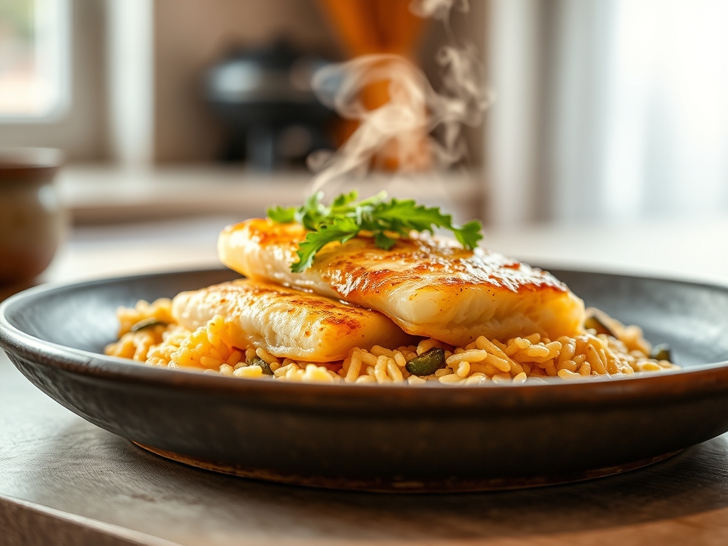 Peixe frito com arroz de feijão remoto