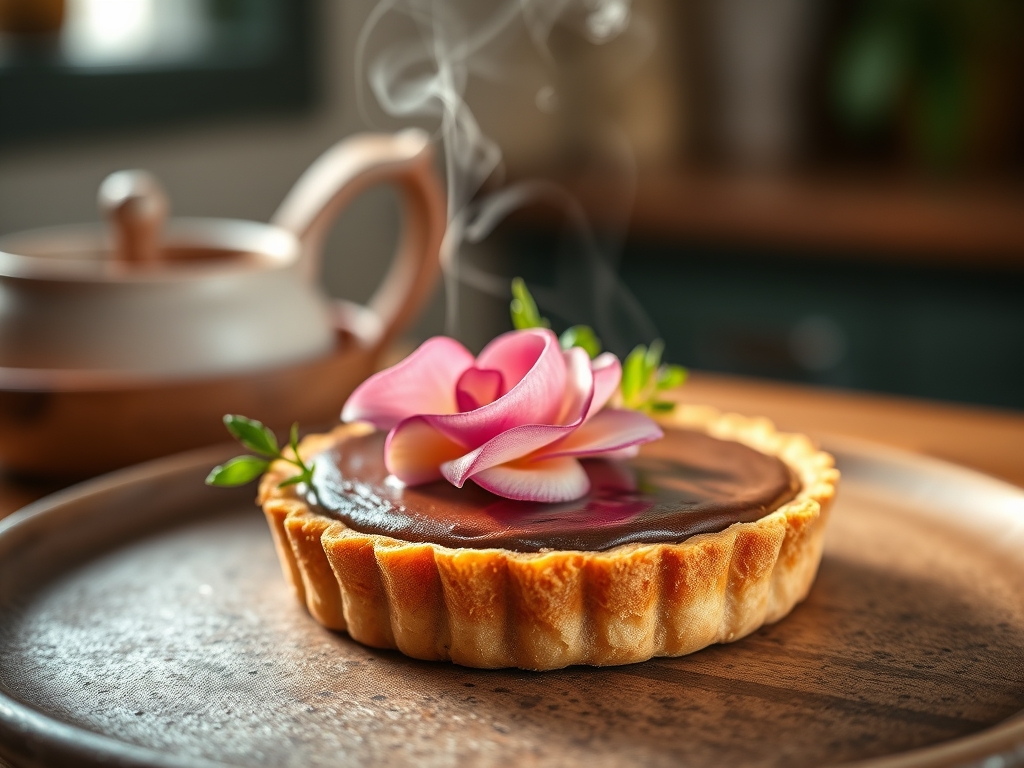 Tarte de mousse de chocolate e flor